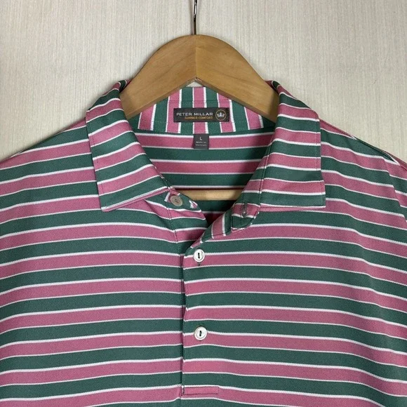 Peter Millar Polo Shirt L Summer Comfort Golf Striped Pink Green Make A Wish - Picture 1 of 8